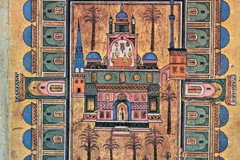 نگاره مینیاتوری مطراقچی از منظره حرم امام حسین (ع)